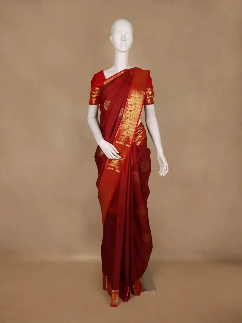 Red Paisley Woven Pure Kanchipuram Silk Saree With Zari Border 1