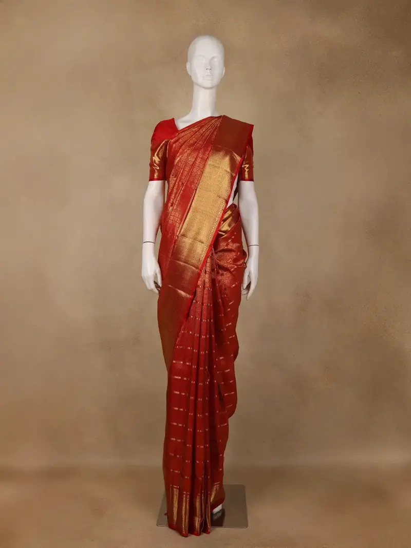 Red Peacock Motif Pure Kanchipuram Silk Saree With Zari Border 1