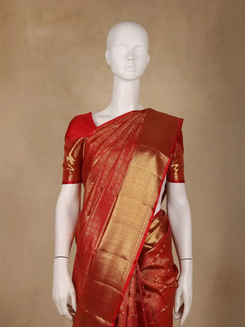Red Peacock Motif Pure Kanchipuram Silk Saree With Zari Border 2