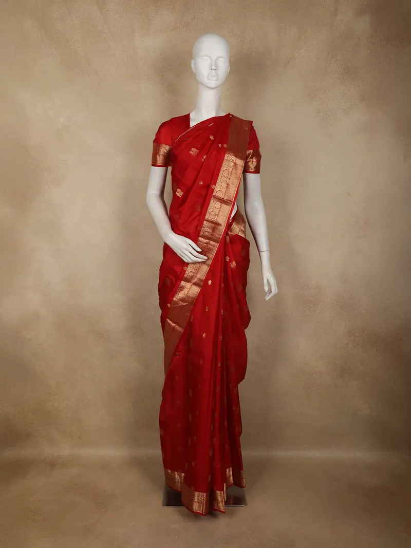 Red Peacock Woven Kanchipuram Silk Saree With Zari Border 1