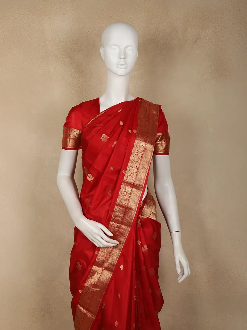 Red Peacock Woven Kanchipuram Silk Saree With Zari Border 2