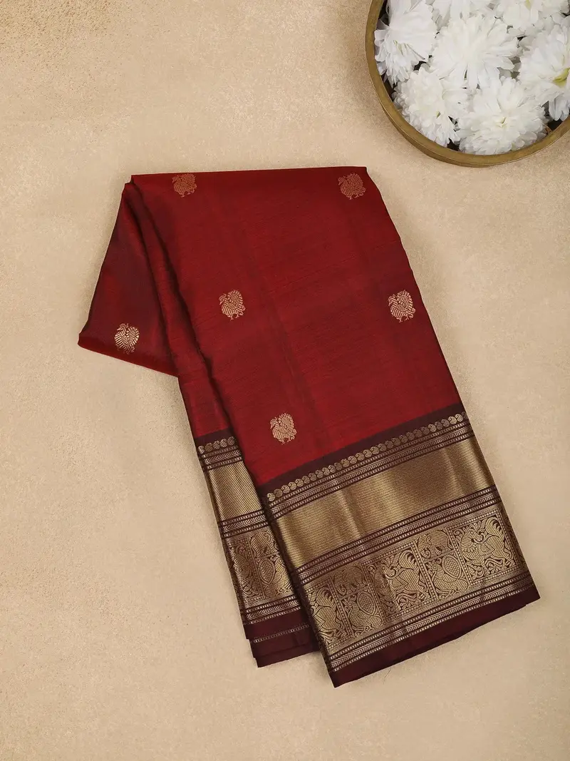 Red Peacock Woven Pure Kanchipuram Silk Saree 1