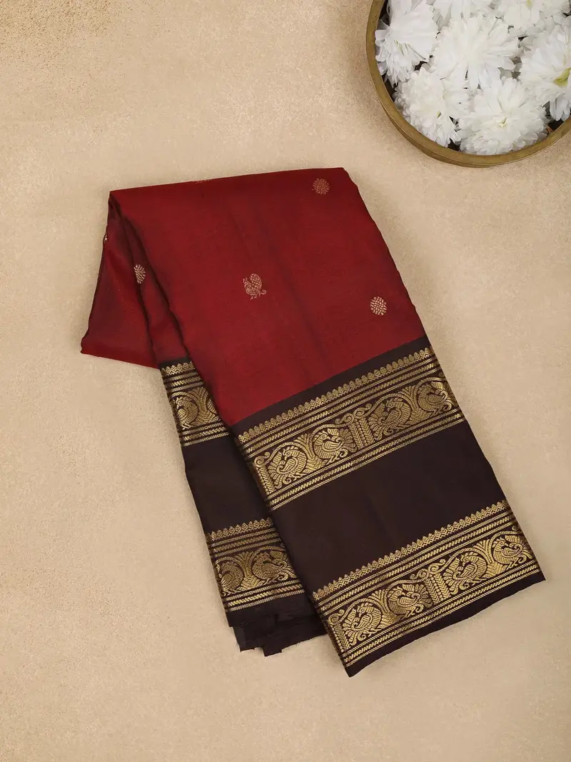 Red Peacock Woven Pure Kanchipuram Silk Saree 1