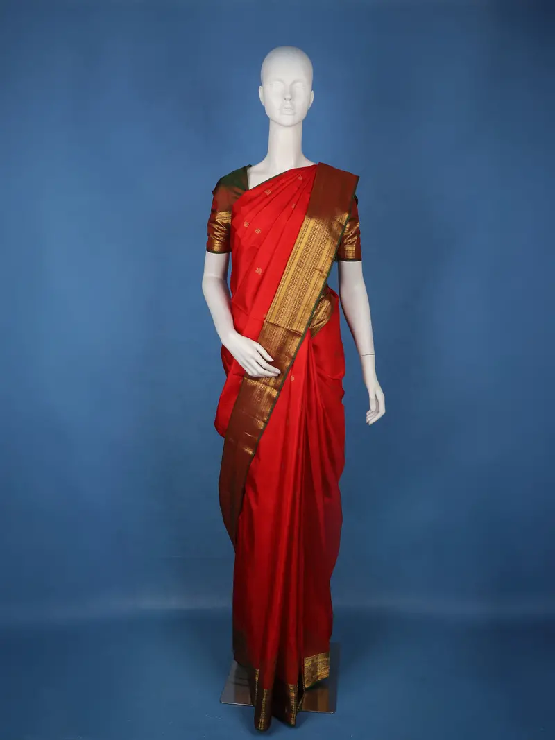 Red Peacock Woven Pure Kanchipuram Silk Saree With Zari Border 1