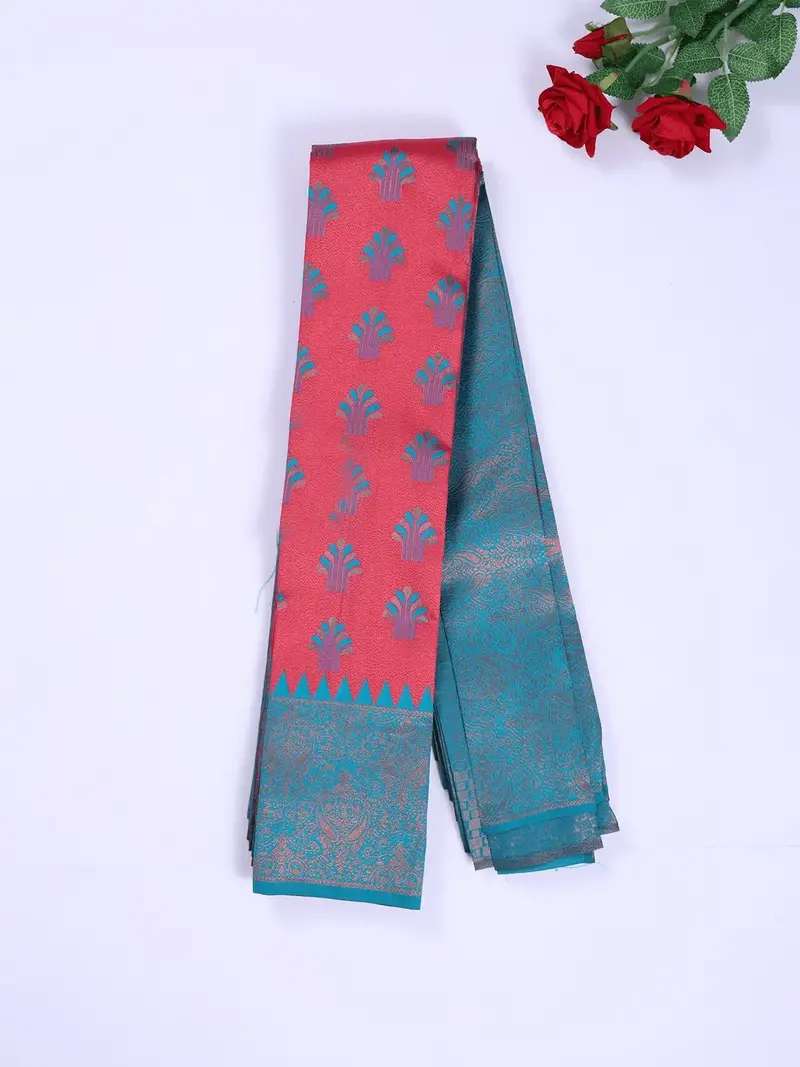 Red Pink Arani Silk Saree With Zari Butta And Contrast Zari Border 2