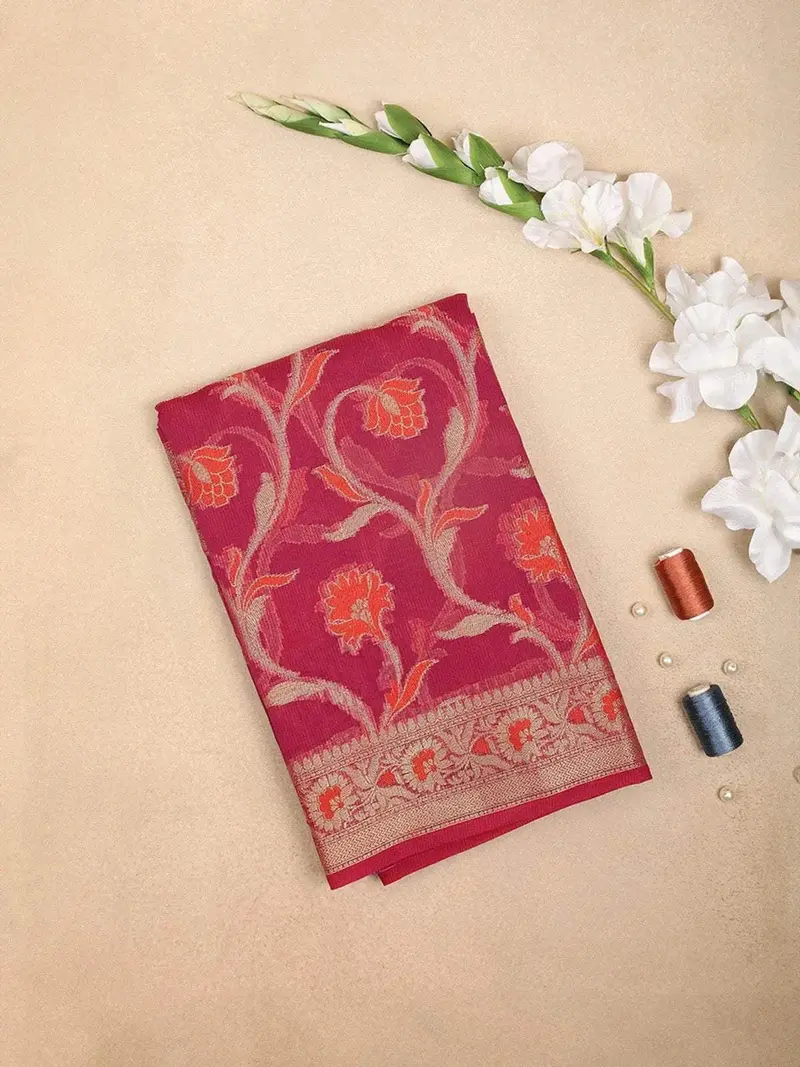 Red Pink Art Silk Saree With Vine Flower Design On The Body With Designed Border 1