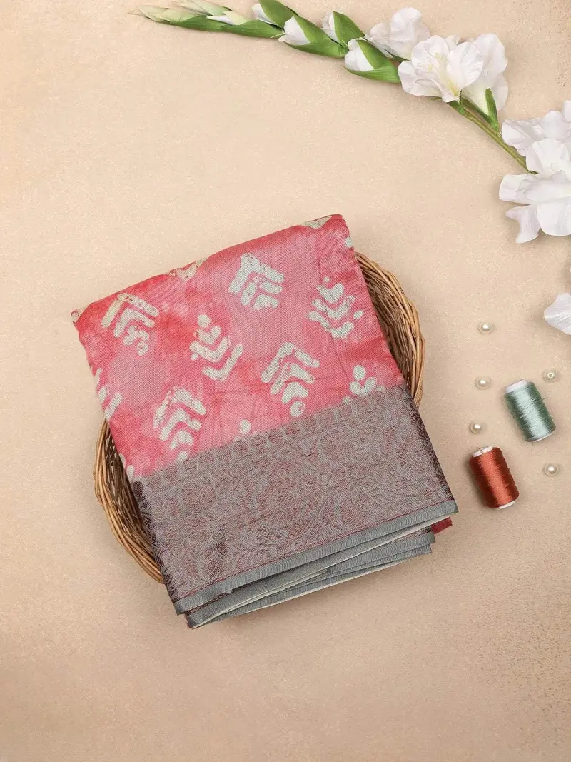 Red Pink Chanderi Silk Saree With Chevron Design On The Body With Contrast Border 1