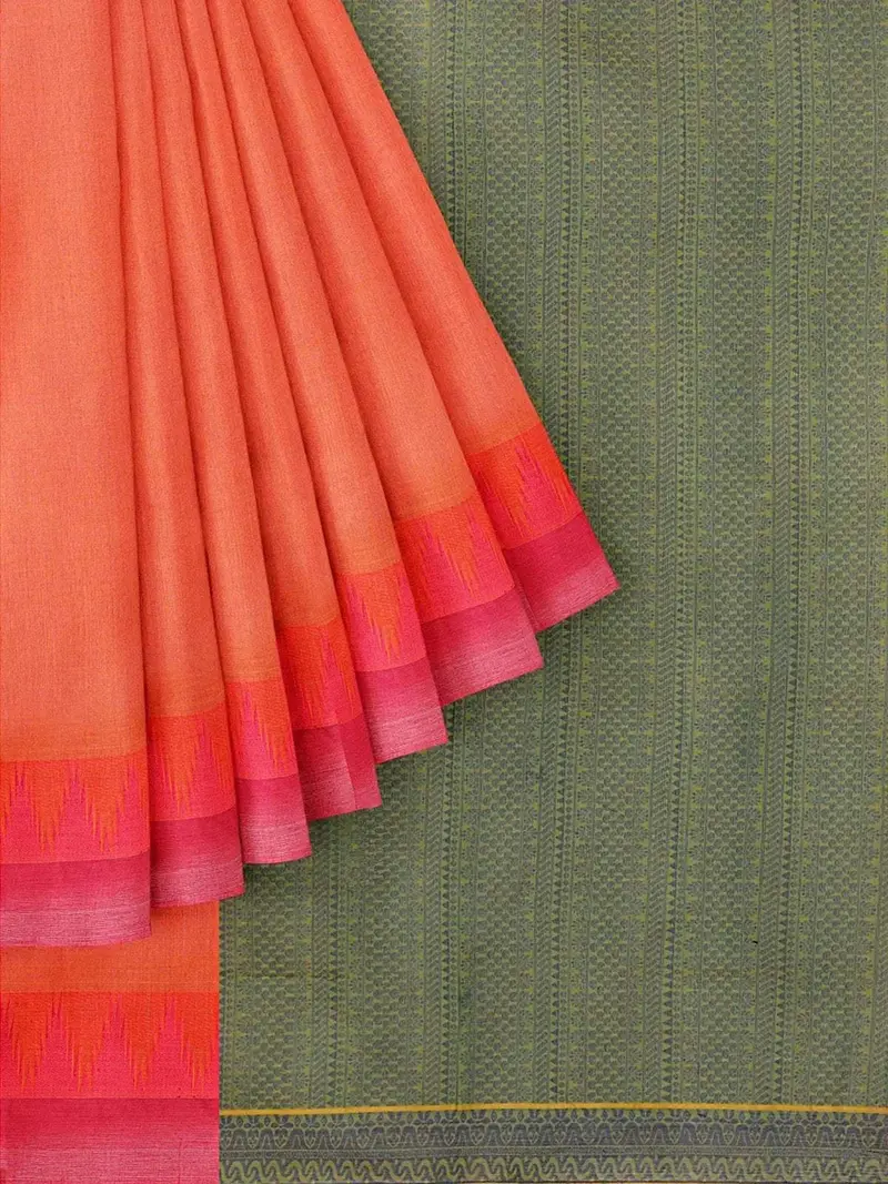 Red Pink Cotton Saree With Temple Motif On The Body And Thread Border 1