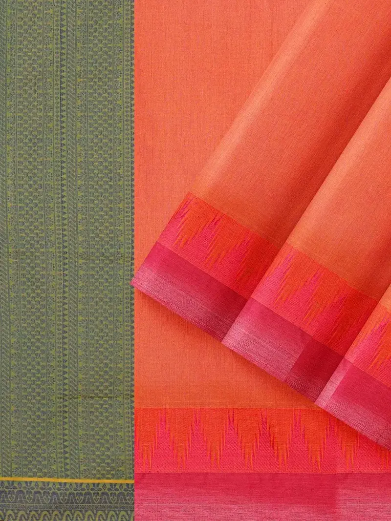 Red Pink Cotton Saree With Temple Motif On The Body And Thread Border 2