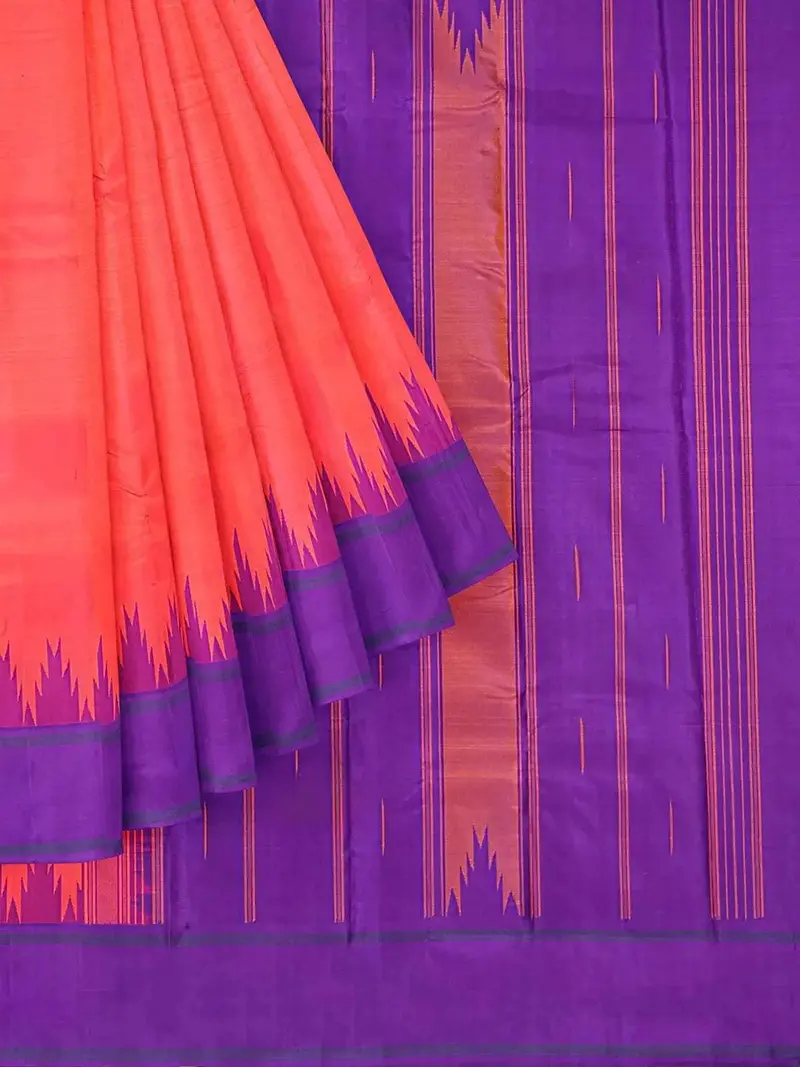 Red Pink Dual Tone Pure Kanchipuram Silk Saree With Temple Design Border 1