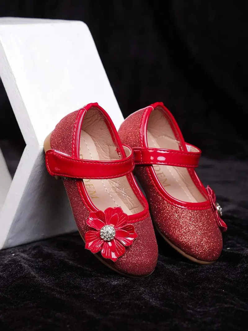 Red Pink Glitter Ballerinas With Attached 3D Flowers For Girls 1