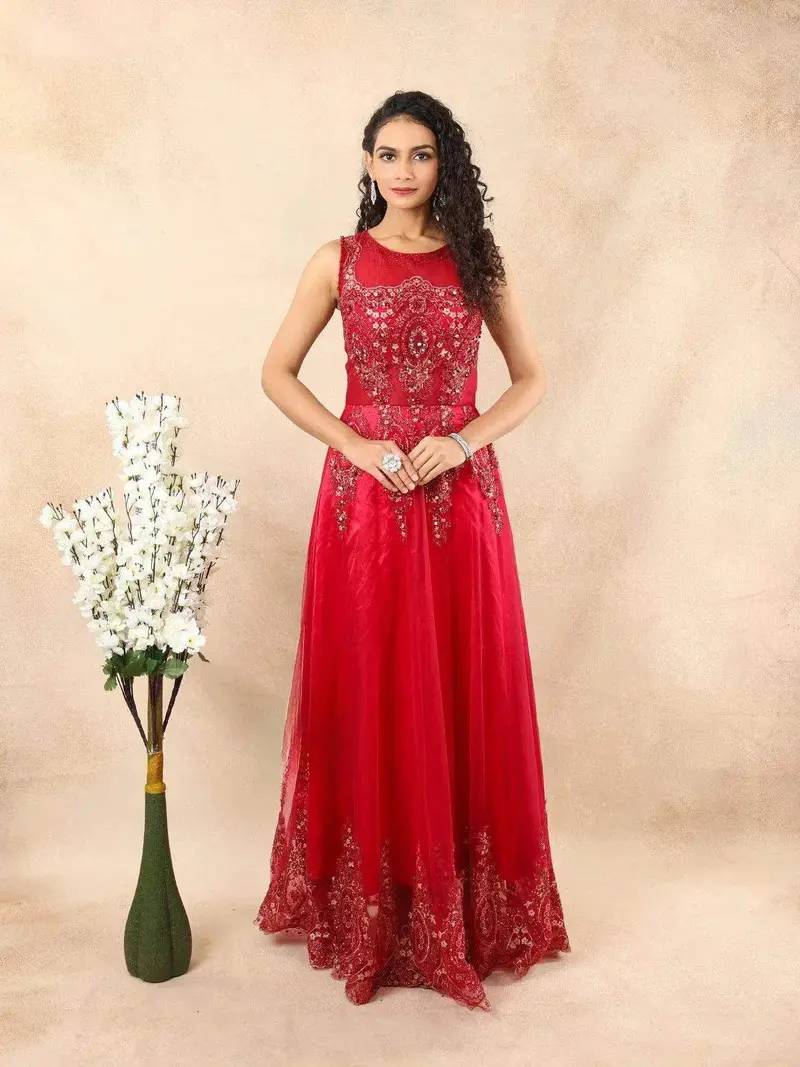 Red Pink Net Engagement Gown With Glitter And Floral Embroidery 1