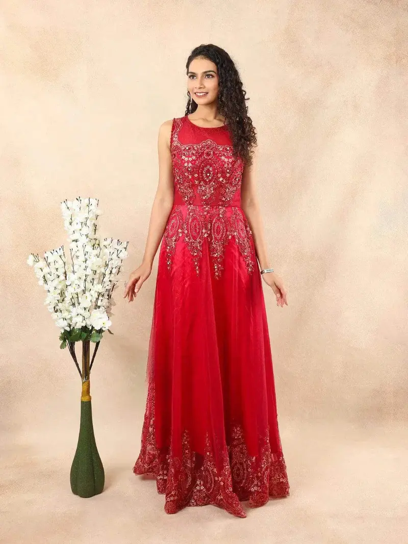 Red Pink Net Engagement Gown With Glitter And Floral Embroidery 2