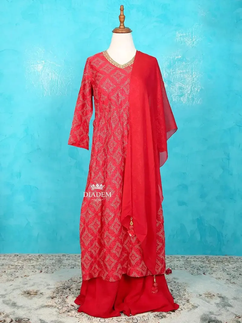 Red Pink Palazzo Salwar Suit For Women Adorned With Prints And Sequins Along With Dupatta 1