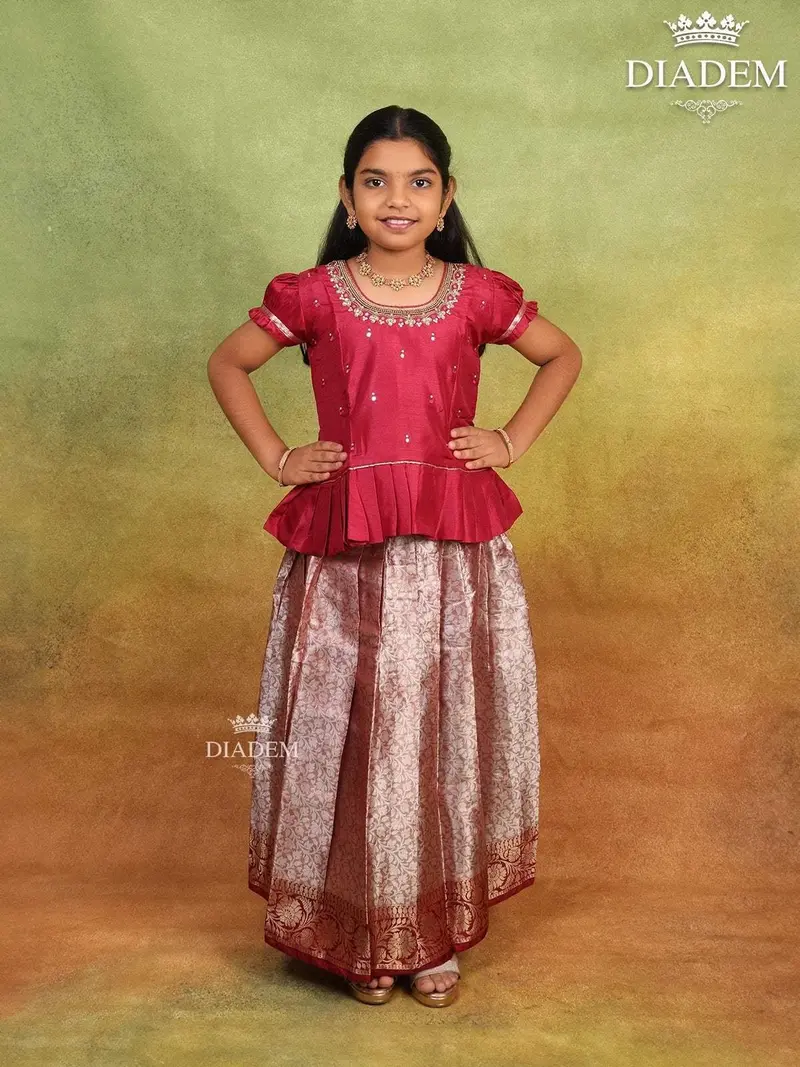 Red Pink Raw Silk Pattu Pavadai With Zari And Embroidery 1