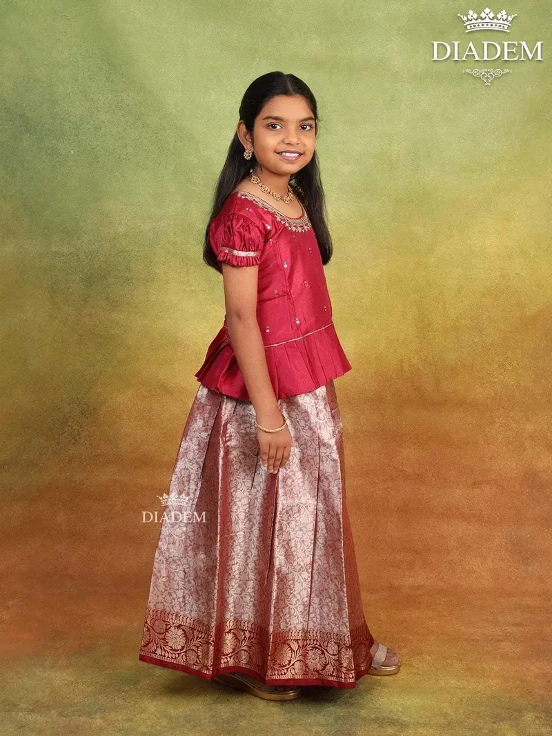 Red Pink Raw Silk Pattu Pavadai With Zari And Embroidery 2