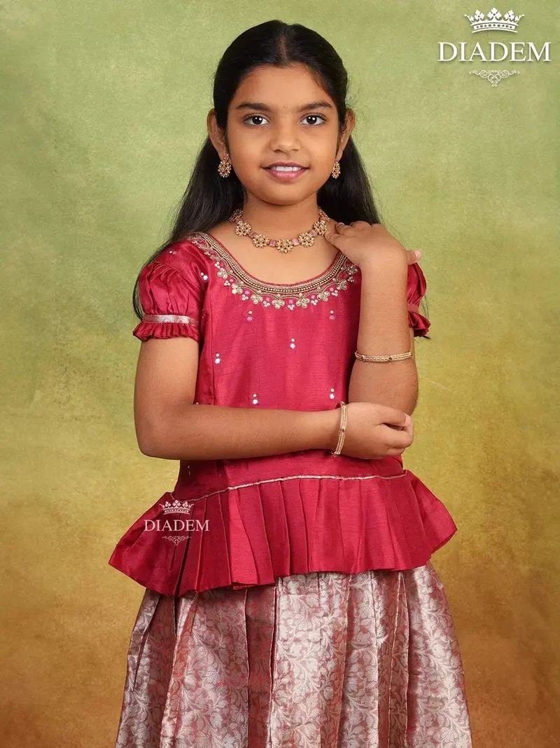 Red Pink Raw Silk Pattu Pavadai With Zari And Embroidery 3