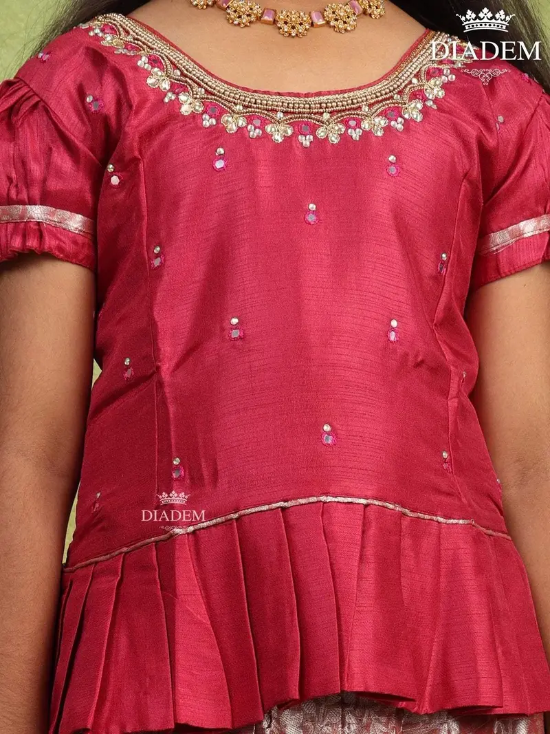 Red Pink Raw Silk Pattu Pavadai With Zari And Embroidery 4