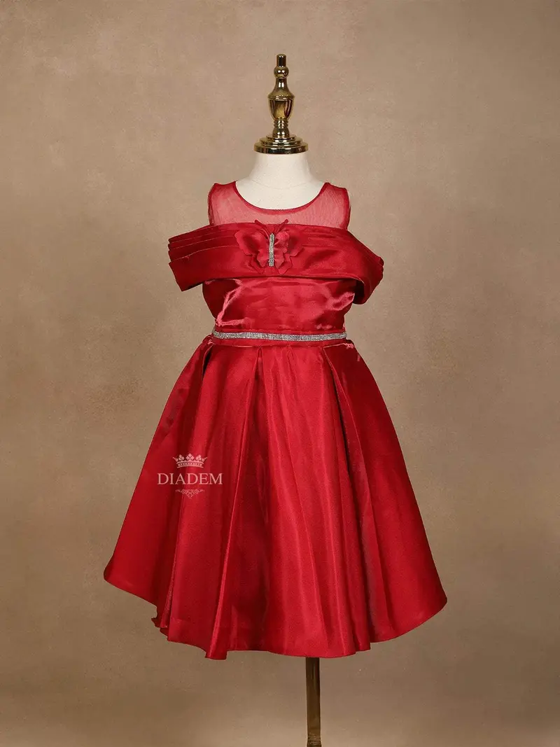 Red Pink Satin Gown Adorned With Attached 3D Butterflies 1
