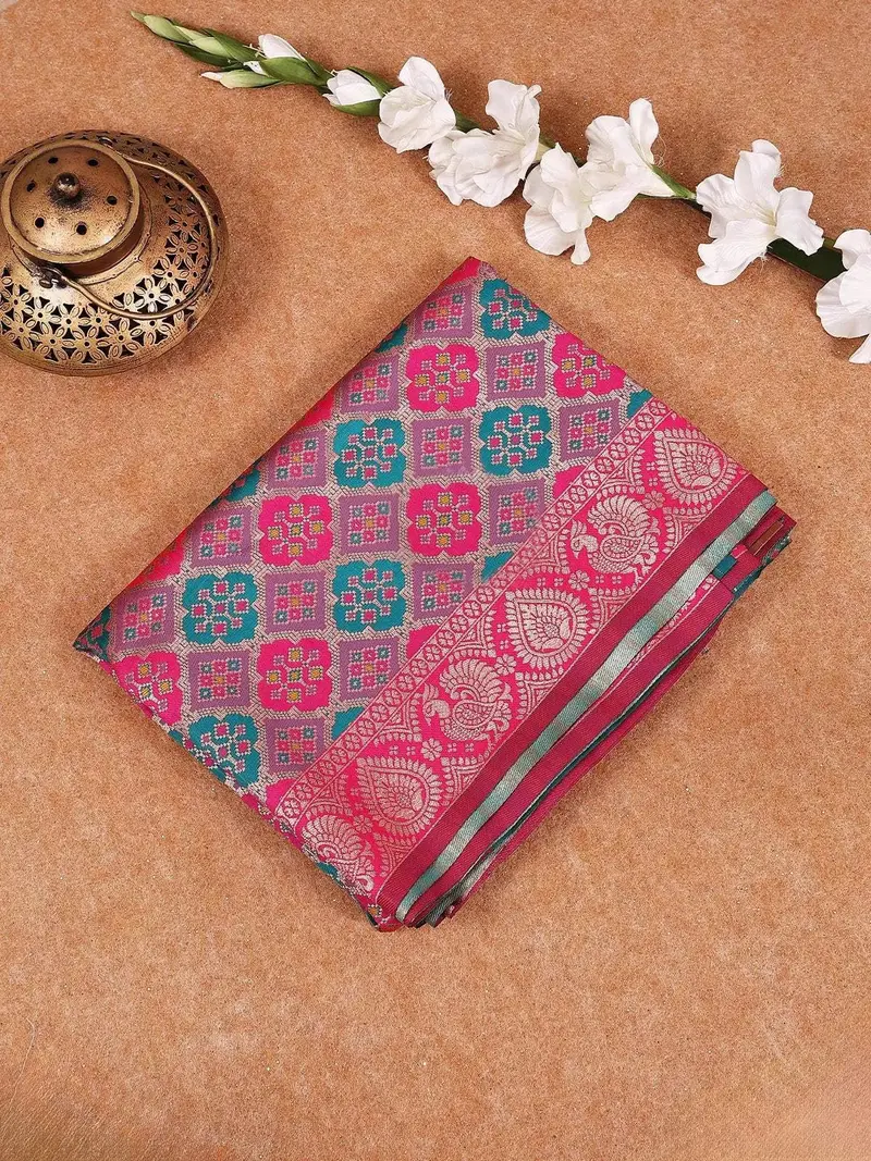 Red Pink Semi Banarasi Saree With Geometric And Floral Motif Design On The Body With Border 1