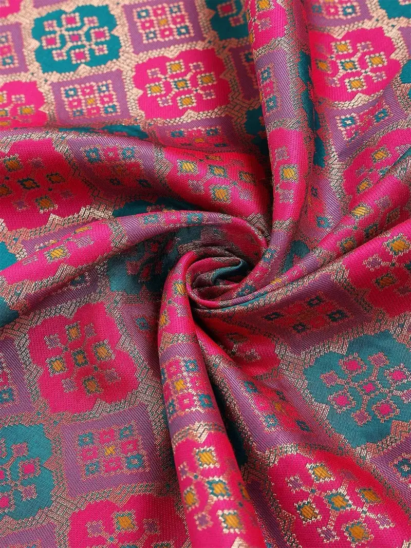 Red Pink Semi Banarasi Saree With Geometric And Floral Motif Design On The Body With Border 2