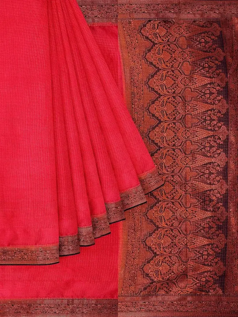 Red Pink Semi Silk Saree With Checked Design On The Body And Contrast Zari Border 1