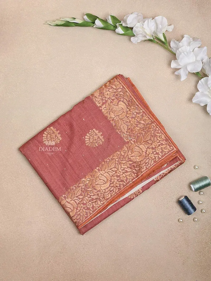 Red Pink Semi Tussar Silk Saree With Floral Leaf Design On The Body With Lace Border 1