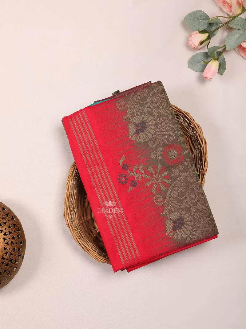 Red Pink Silk Cotton Saree With Floral Motif On The Body And Contrast Zari Border 1