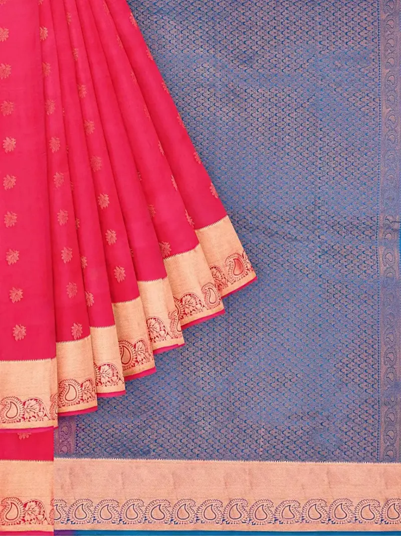 Red Pink Silk Saree With Floral Motif On The Body And Zari Border 1