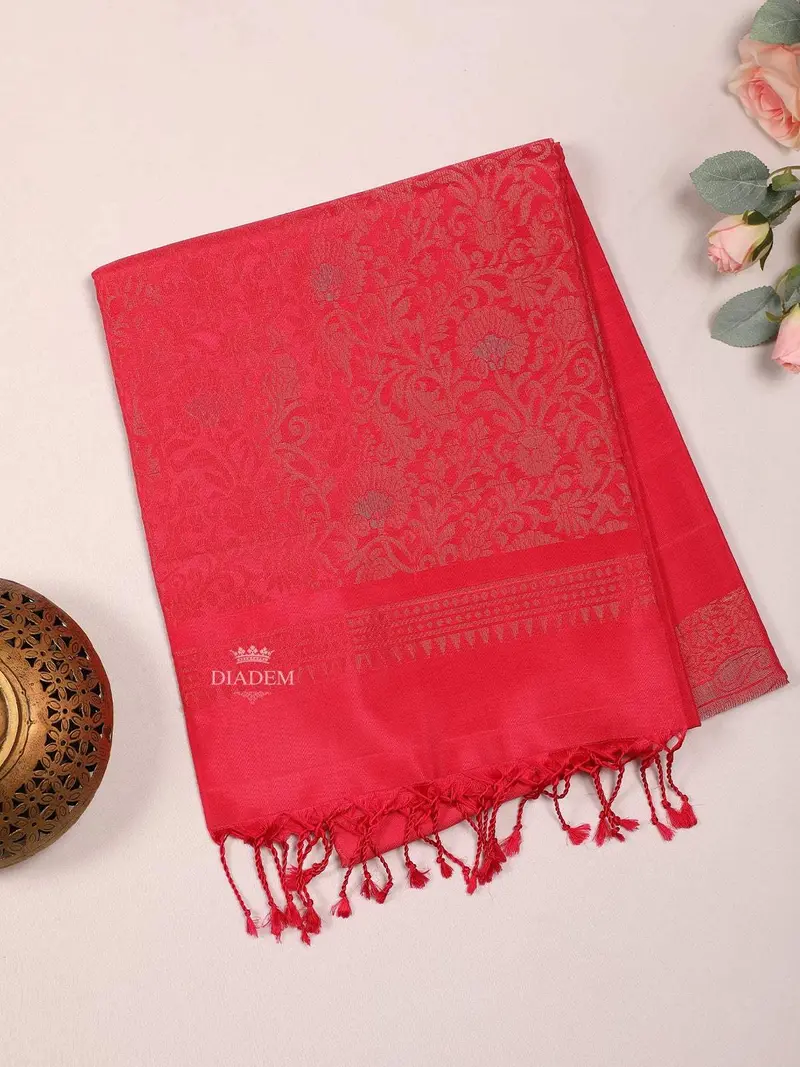 Red Pink Soft Silk Saree With Floral Motif On The Body And Zari Border 2