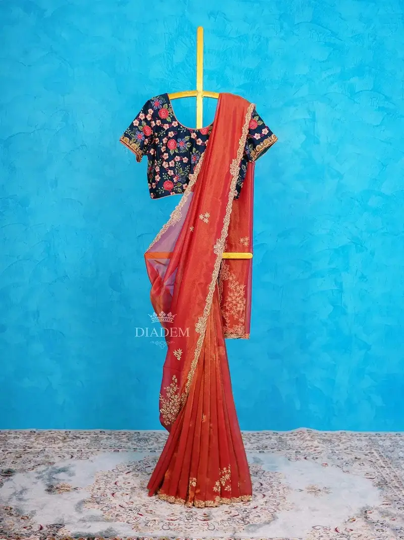 Red Pink Tissue Organza Saree Embellished With Beads Border And Embroidery Blouse 1