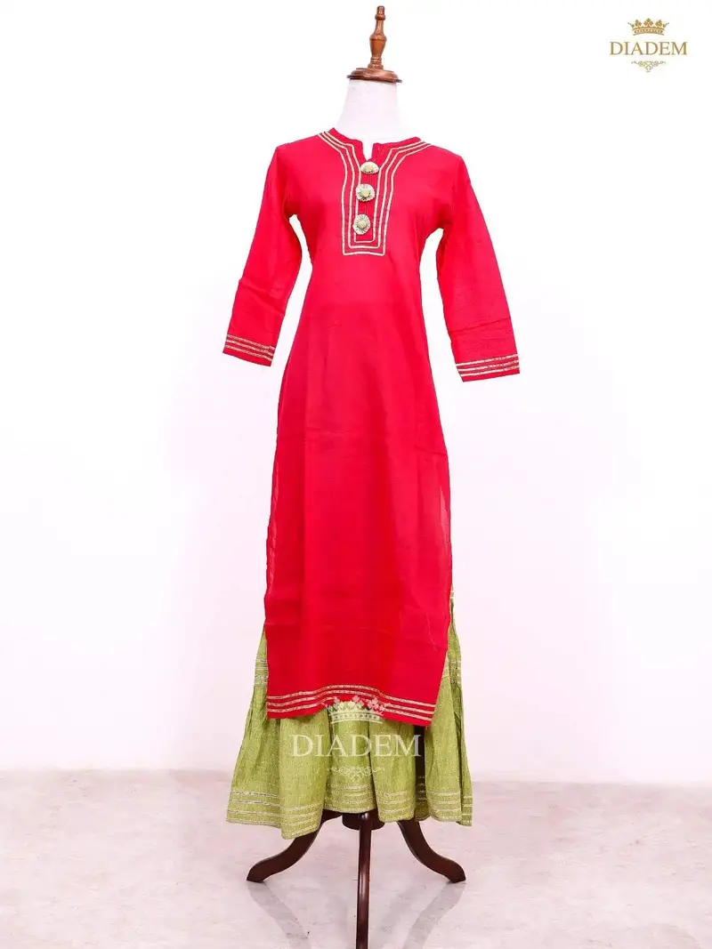 Red Pink With Pista Green Palazzo Salwar Suit Adorned With Thread Work 1