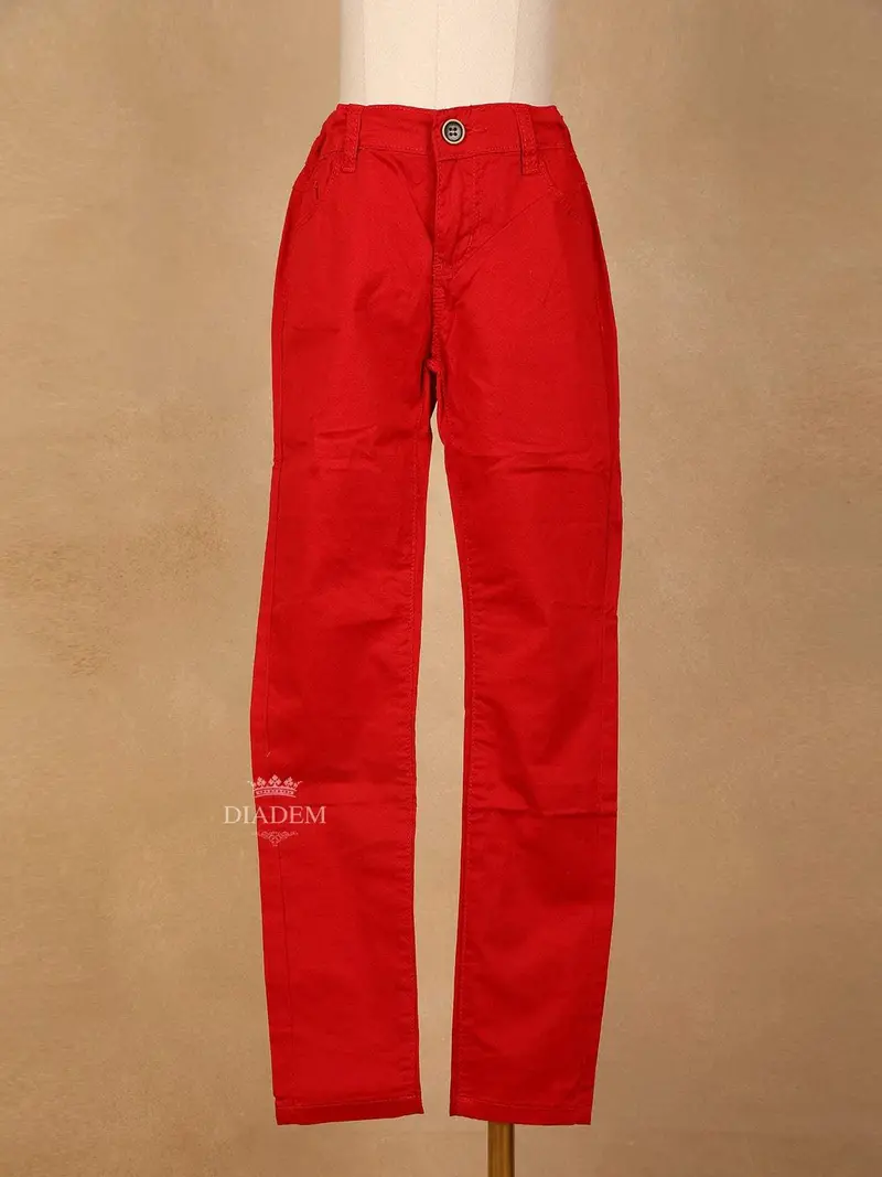 Red Plain Cotton Blend Denim Pants For Girls 1