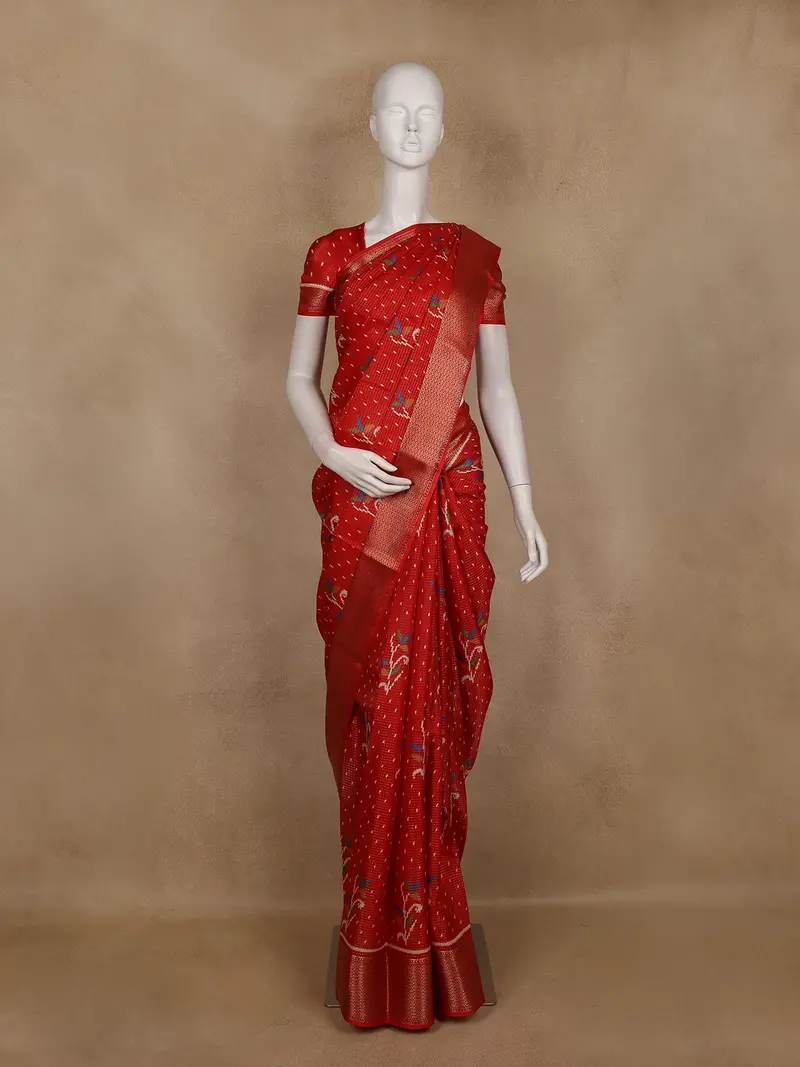 Red Pochampally Ikat Design Cotton Saree With Zari Border 1