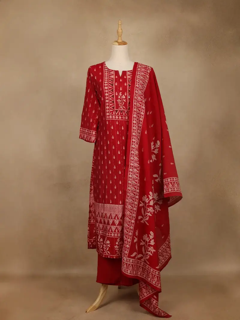 Red Printed Cotton Salwar Suit With Dupatta 1