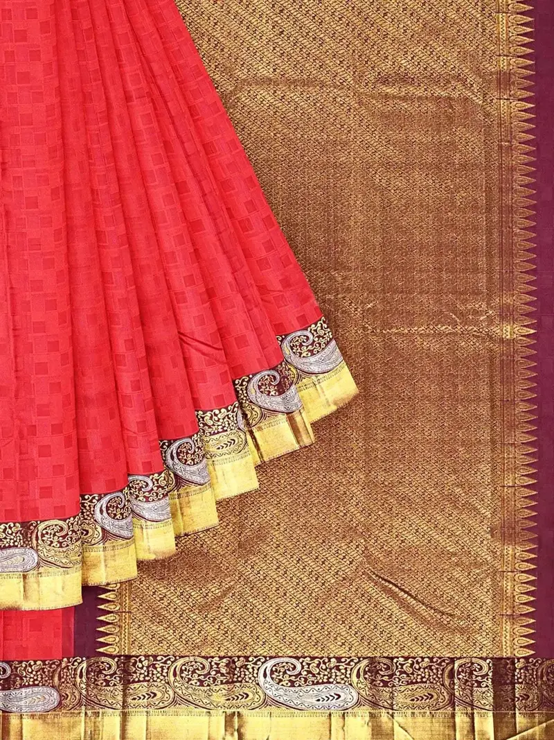 Red Pure Kanchi Pattu Saree With Woven Body And Contrast Zari Border 1