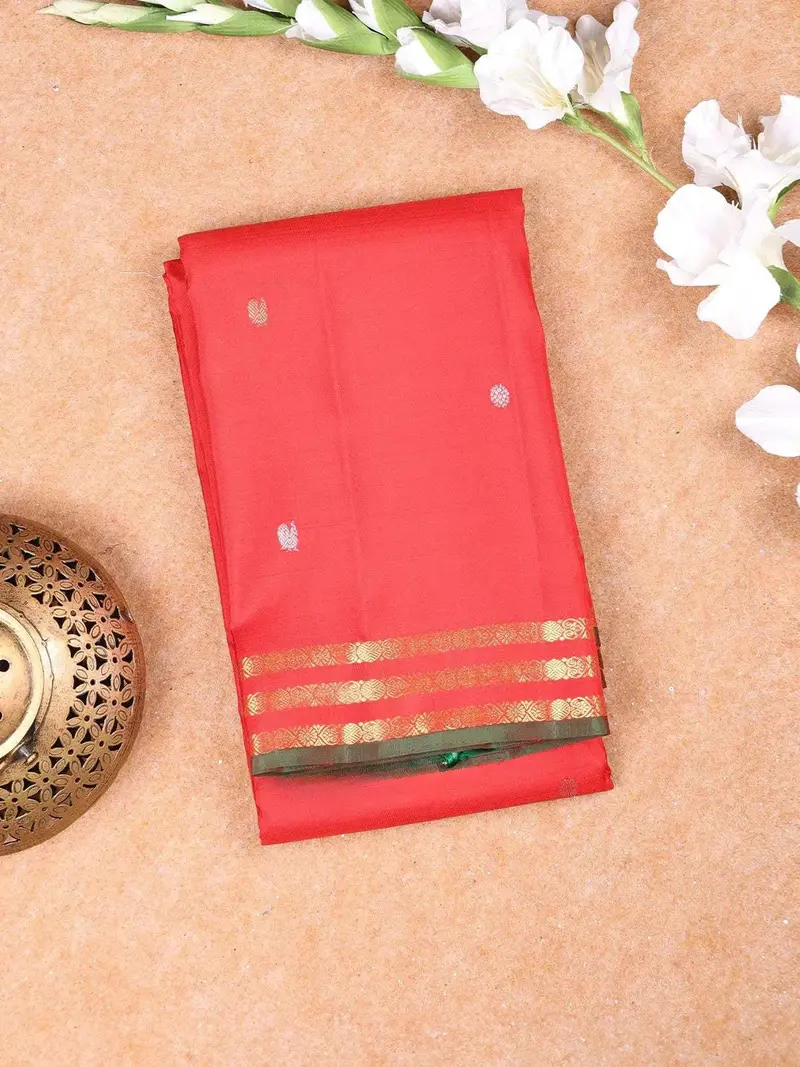 Red Pure Kanchipuram Bridal Silk Saree With Chakra And Peacock Motif On The Body With Zari Border 1