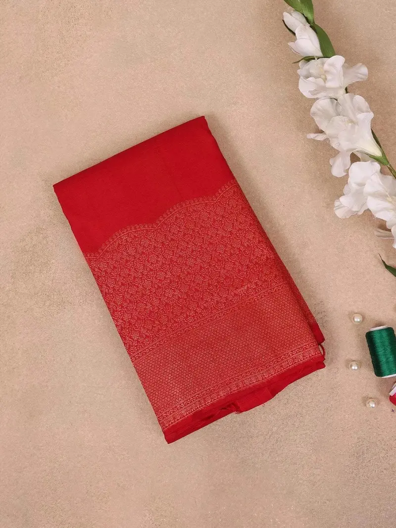 Red Pure Kanchipuram Bridal Silk Saree With Chakra Motif On The Body With Zari Border 1