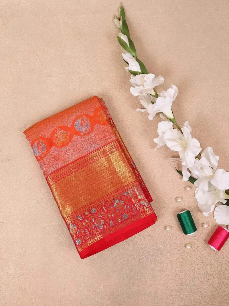 Red Pure Kanchipuram Bridal Silk Saree With Elephant And Peacock Motif On The Body With Zari Border 1