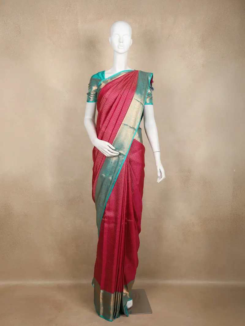 Red Pure Kanchipuram Bridal Silk Saree With Floral Design On The Body With Contrast Zari Border 1