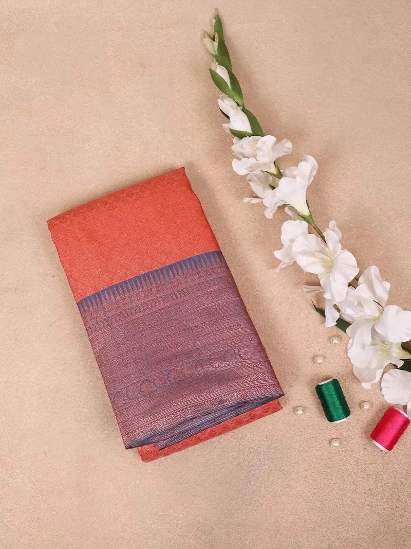 Red Pure Kanchipuram Bridal Silk Saree With Floral Jacquard Design On The Body With Zari Border 1