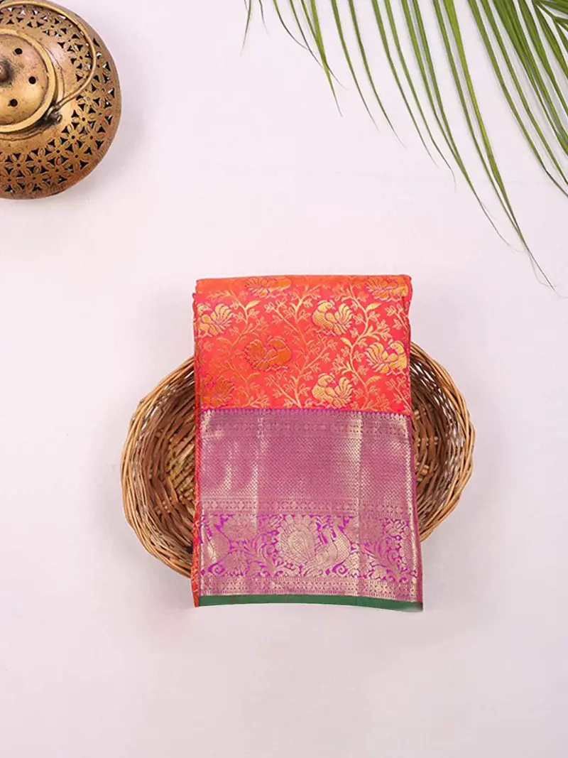 Red Pure Kanchipuram Bridal Silk Saree With Floral Motif On The Body And Contrast Zari Border 1