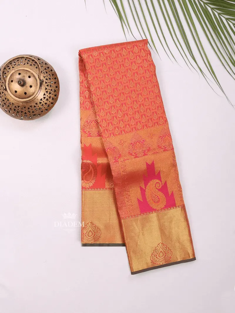 Red Pure Kanchipuram Bridal Silk Saree With Floral Motif On The Body And Contrast Zari Border 2