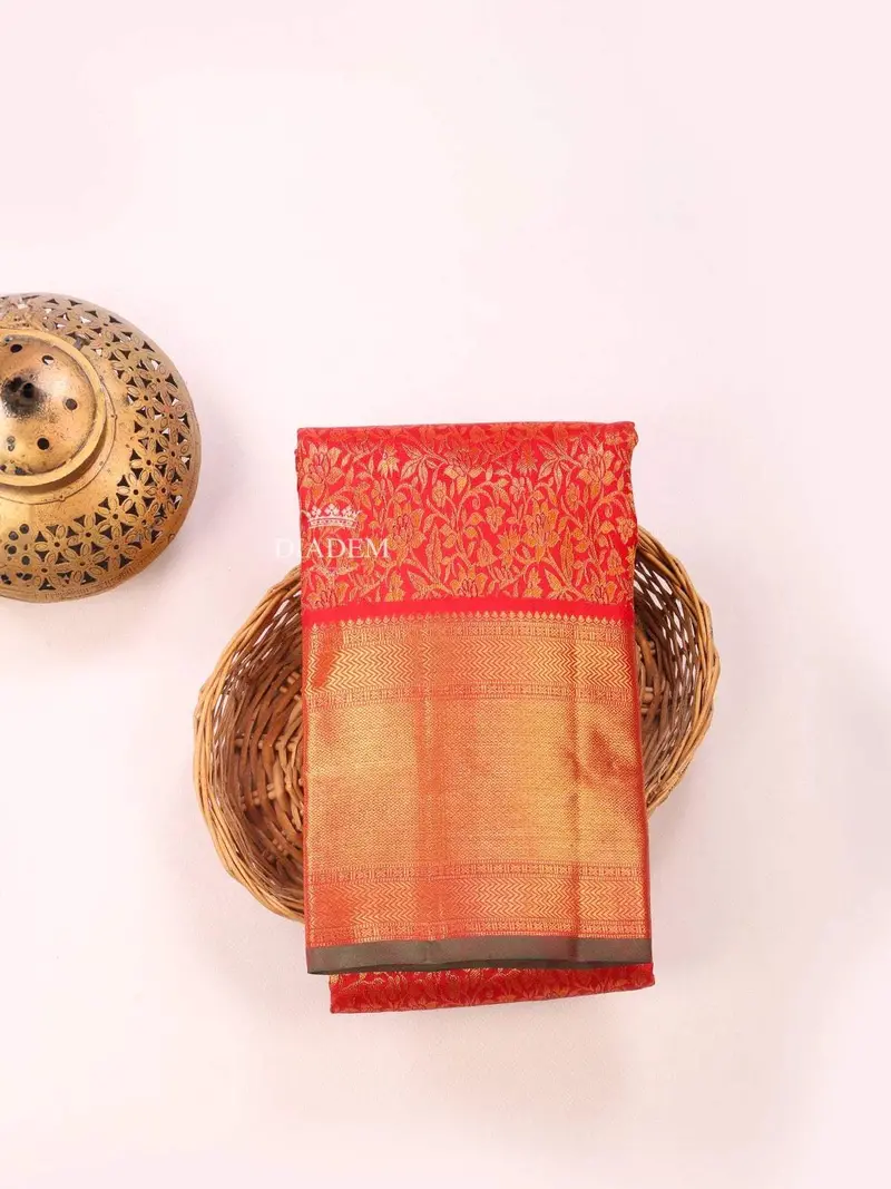Red Pure Kanchipuram Bridal Silk Saree With Floral Motif On The Body And Zari Border 1