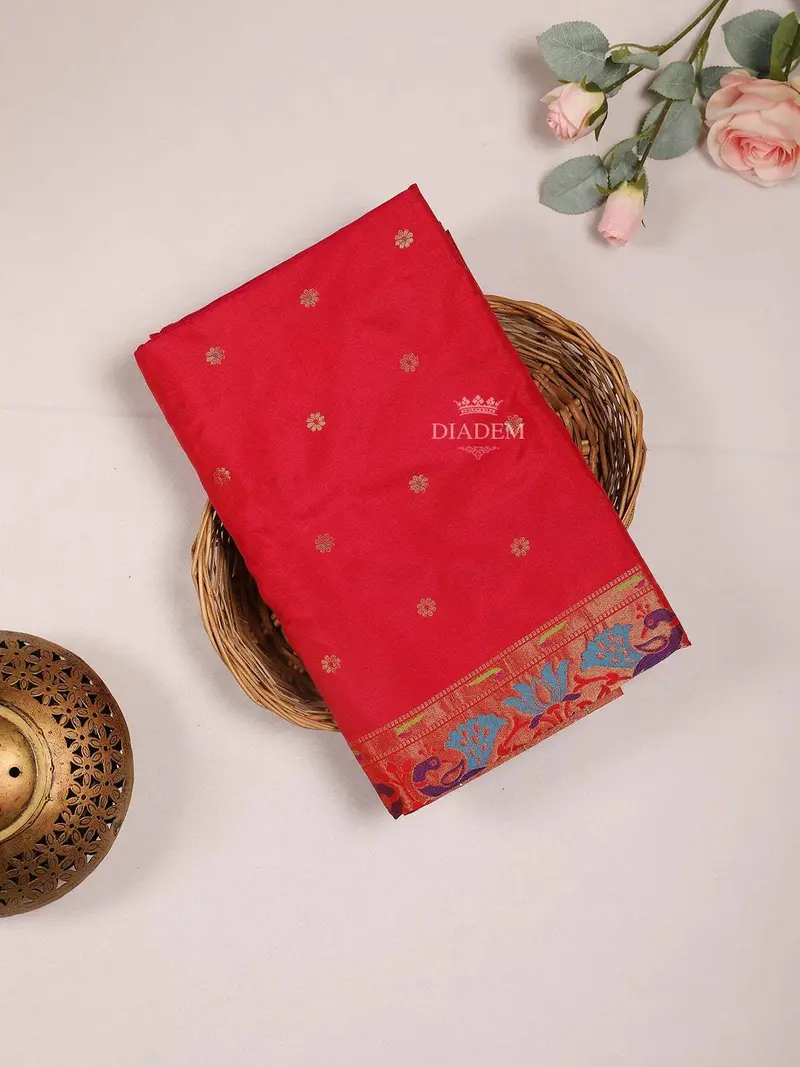 Red Pure Kanchipuram Bridal Silk Saree With Floral Motif On The Body And Zari Border 1