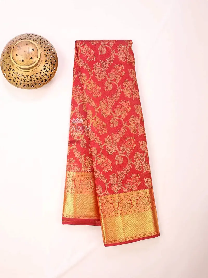 Red Pure Kanchipuram Bridal Silk Saree With Floral Motif On The Body And Zari Border 2