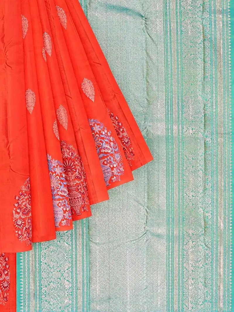 Red Pure Kanchipuram Bridal Silk Saree With Floral Motif On The Body Without Border 1
