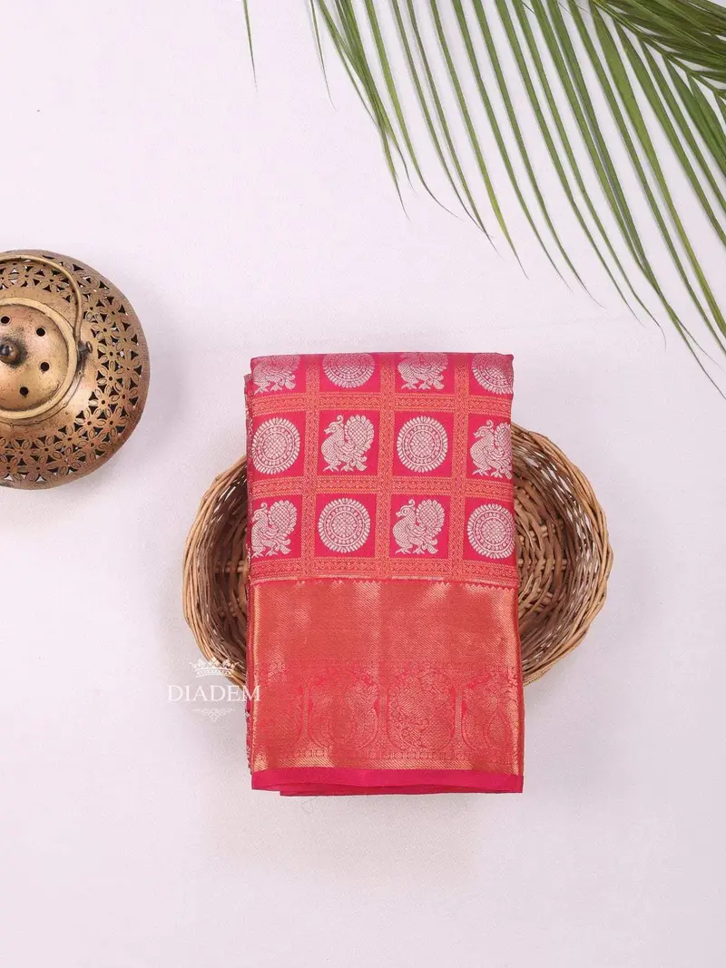 Red Pure Kanchipuram Bridal Silk Saree With Peacock Motif On The Body And Zari Border 1