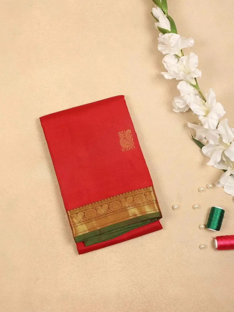 Red Pure Kanchipuram Bridal Silk Saree With Peacock Motif On The Body With Zari Border 1