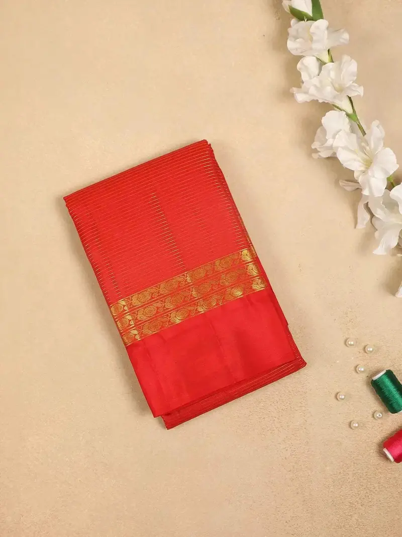 Red Pure Kanchipuram Bridal Silk Saree With Stripes And Floral Design On The Body And Without Border 1